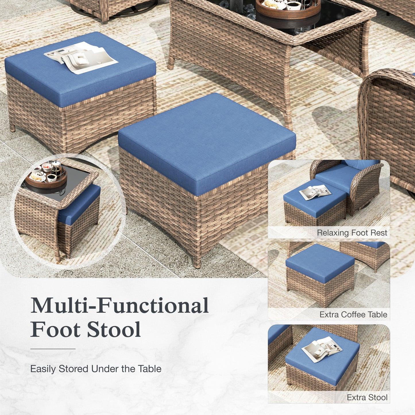 Sophia & William 6 Pieces Outdoor Patio Furniture Set 7-Seat Wicker Outdoor Conversation Sofa Set with Swivel Glider & 2 Ottomans, Navy