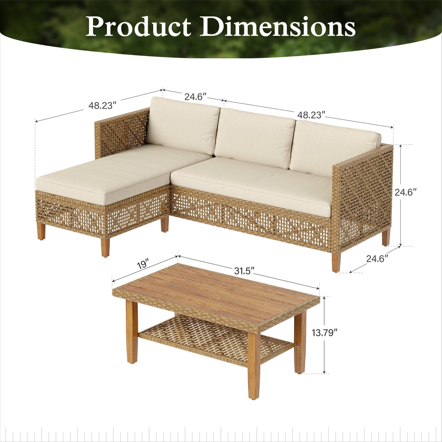 Alpha Joy Wicker Patio Furniture Conversation Set Boho Style Outdoor Sofa with Wood Coffee Table