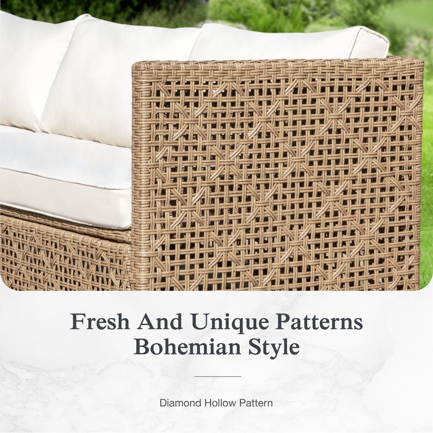 Alpha Joy Wicker Patio Furniture Conversation Set Boho Style Outdoor Sofa with Wood Coffee Table