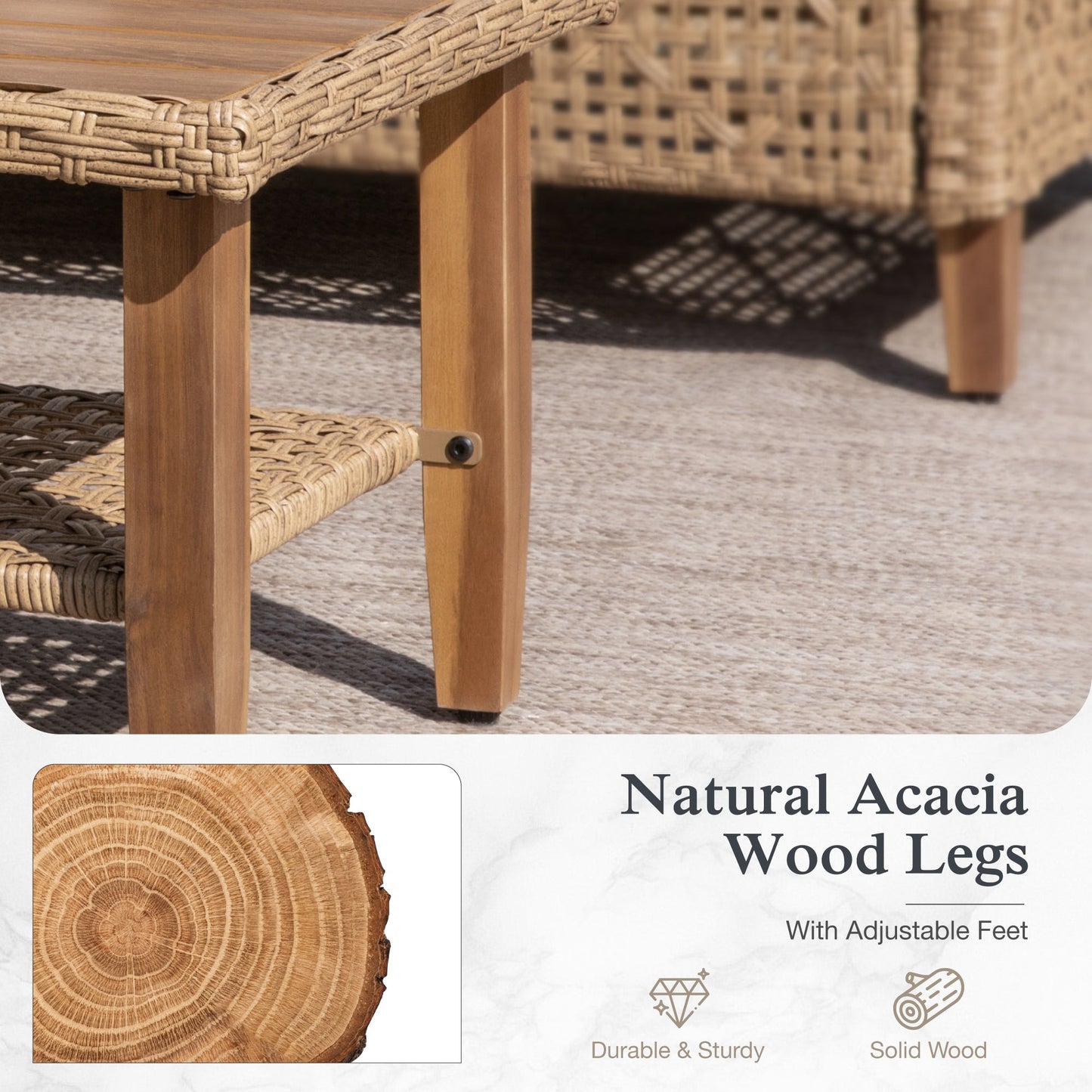 Alpha Joy Wicker Patio Furniture Conversation Set Boho Style Outdoor Sofa with Wood Coffee Table