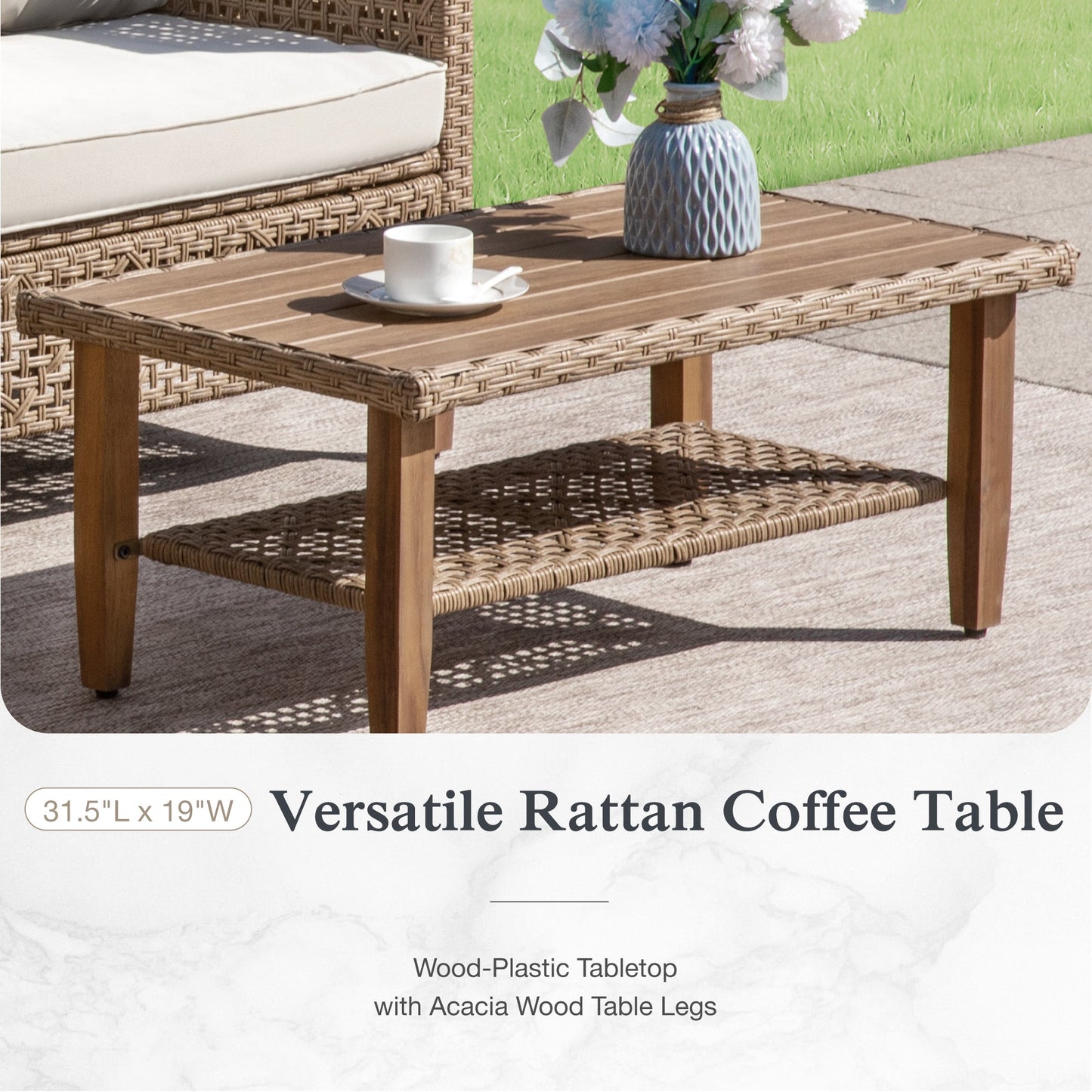 Alpha Joy Wicker Patio Furniture Conversation Set Boho Style Outdoor Sofa with Wood Coffee Table