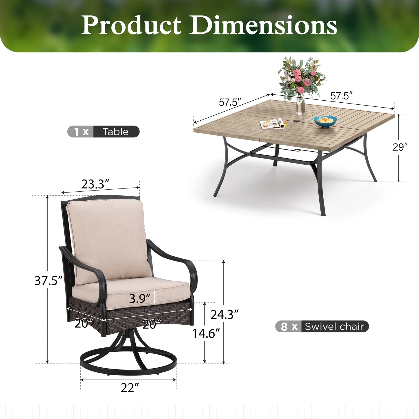 Sophia & William 9 Pieces Outdoor Patio Dining Set Metal Swivel Chairs and 57.5inch Square Wood-like Table Furniture Set with Cushions for 8