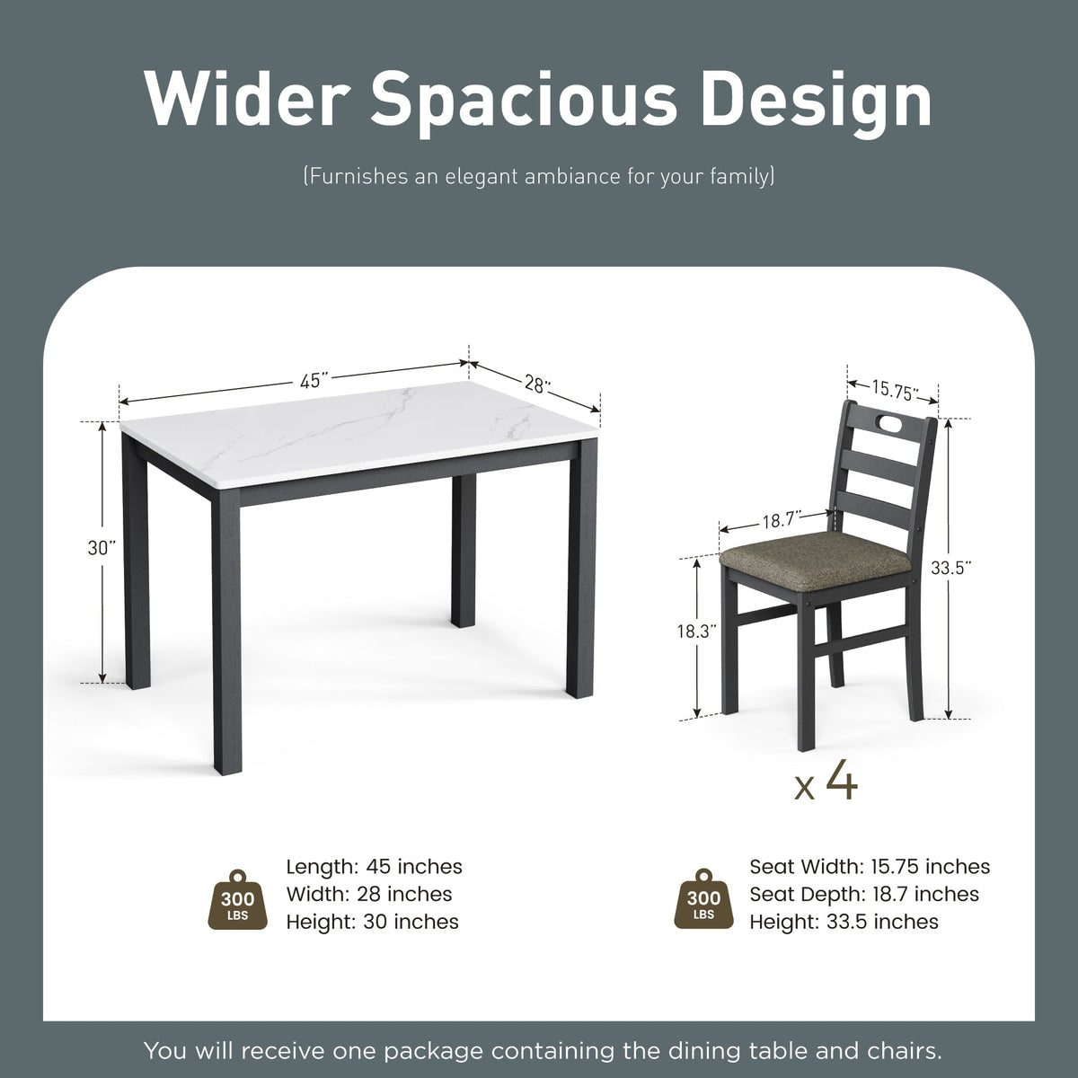 Alpha Joy Farmhouse Dining Table Set for 4, Faux Marble Rectangular Table with Solid Wood Paded Chairs