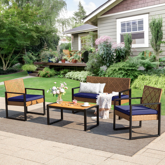 Alpha Joy 4 Piece Wicker Outdoor Patio Conversation Set, Brown & Navy Blue