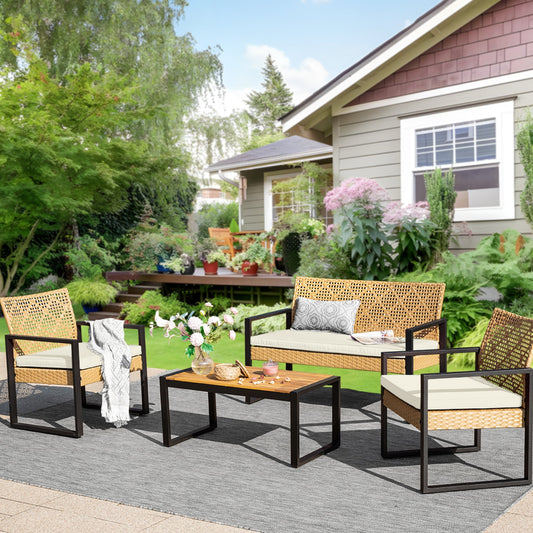 Alpha Joy 4 Piece Wicker Outdoor Patio Conversation Set, Yellow & Beige