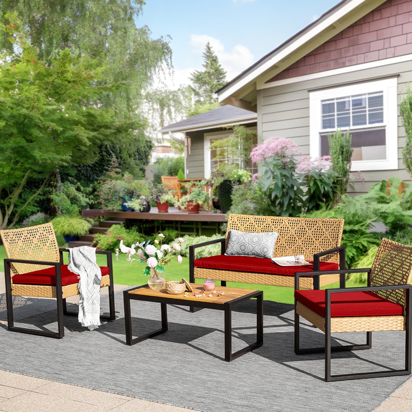 Alpha Joy 4 Piece Wicker Outdoor Patio Conversation Set, Yellow & Red