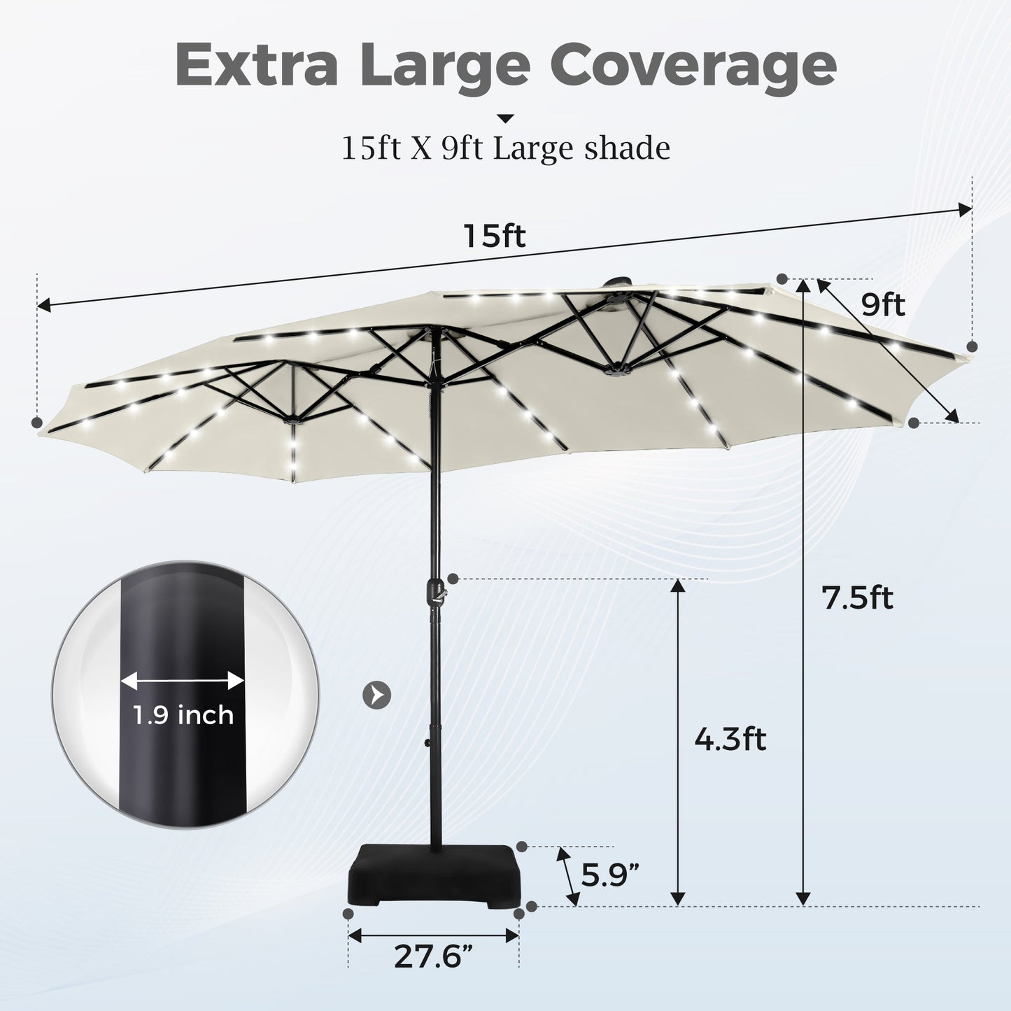 Alpha Joy 15ft Extra Large Outdoor Patio Double-Sided Umbrella with Solar Lights & Umbrella Base, Ivory