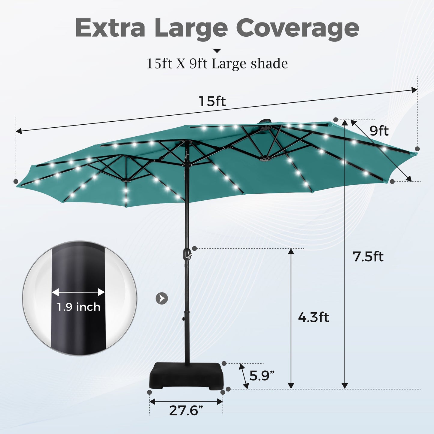Alpha Joy 15ft Extra Large Outdoor Patio Double-Sided Umbrella with Solar Lights & Umbrella Base, Turquoise