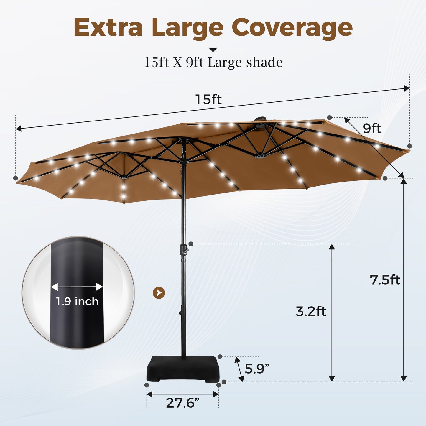 Alpha Joy 15ft Extra Large Outdoor Patio Double-Sided Umbrella with Solar Lights & Umbrella Base, Tawny