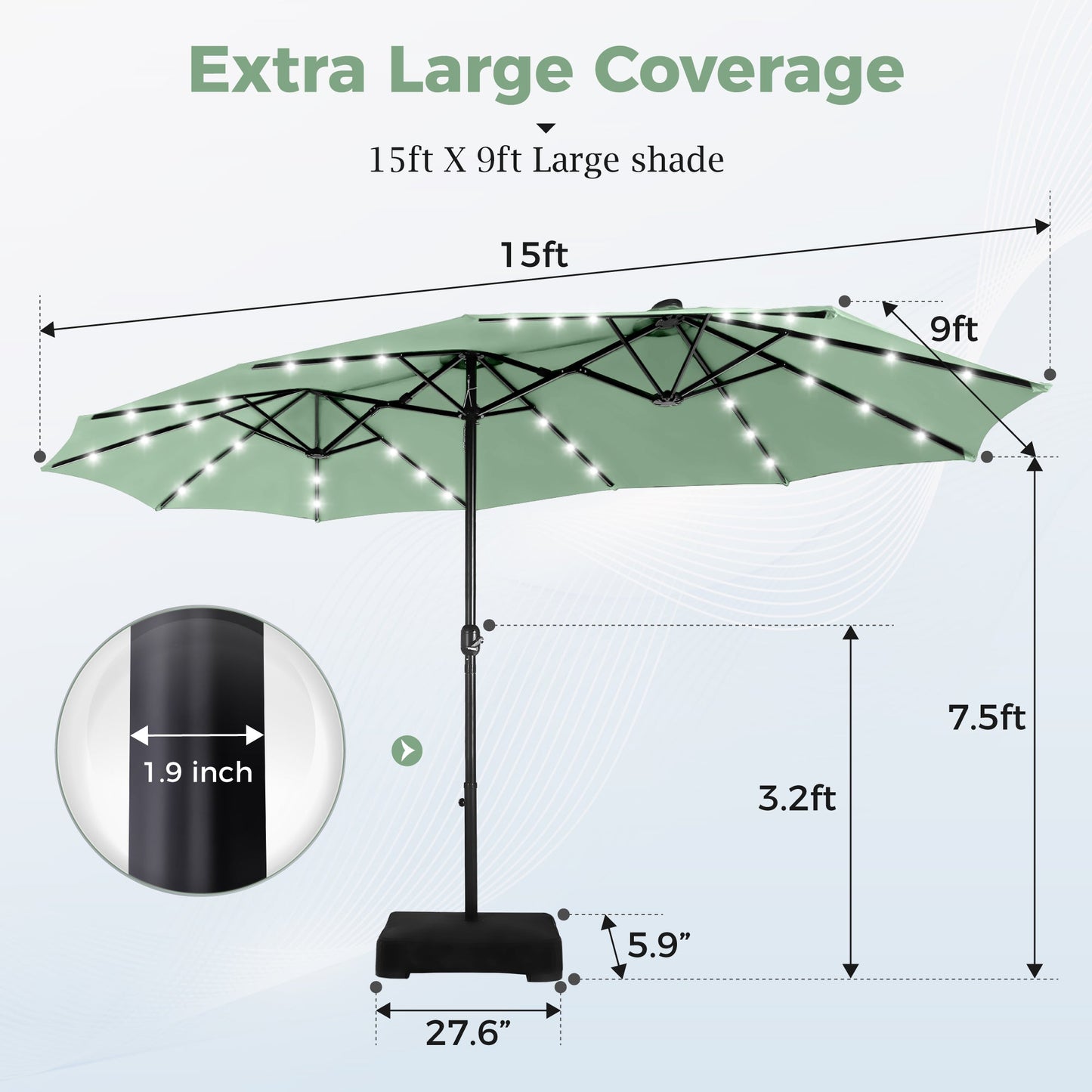 Alpha Joy 15ft Extra Large Outdoor Patio Double-Sided Umbrella with Solar Lights & Umbrella Base, Mint