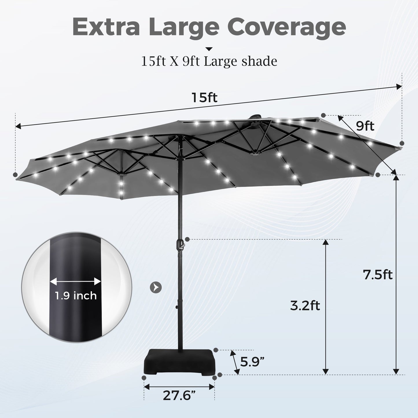 Alpha Joy 15ft Extra Large Outdoor Patio Double-Sided Umbrella with Solar Lights & Umbrella Base, Light Gray