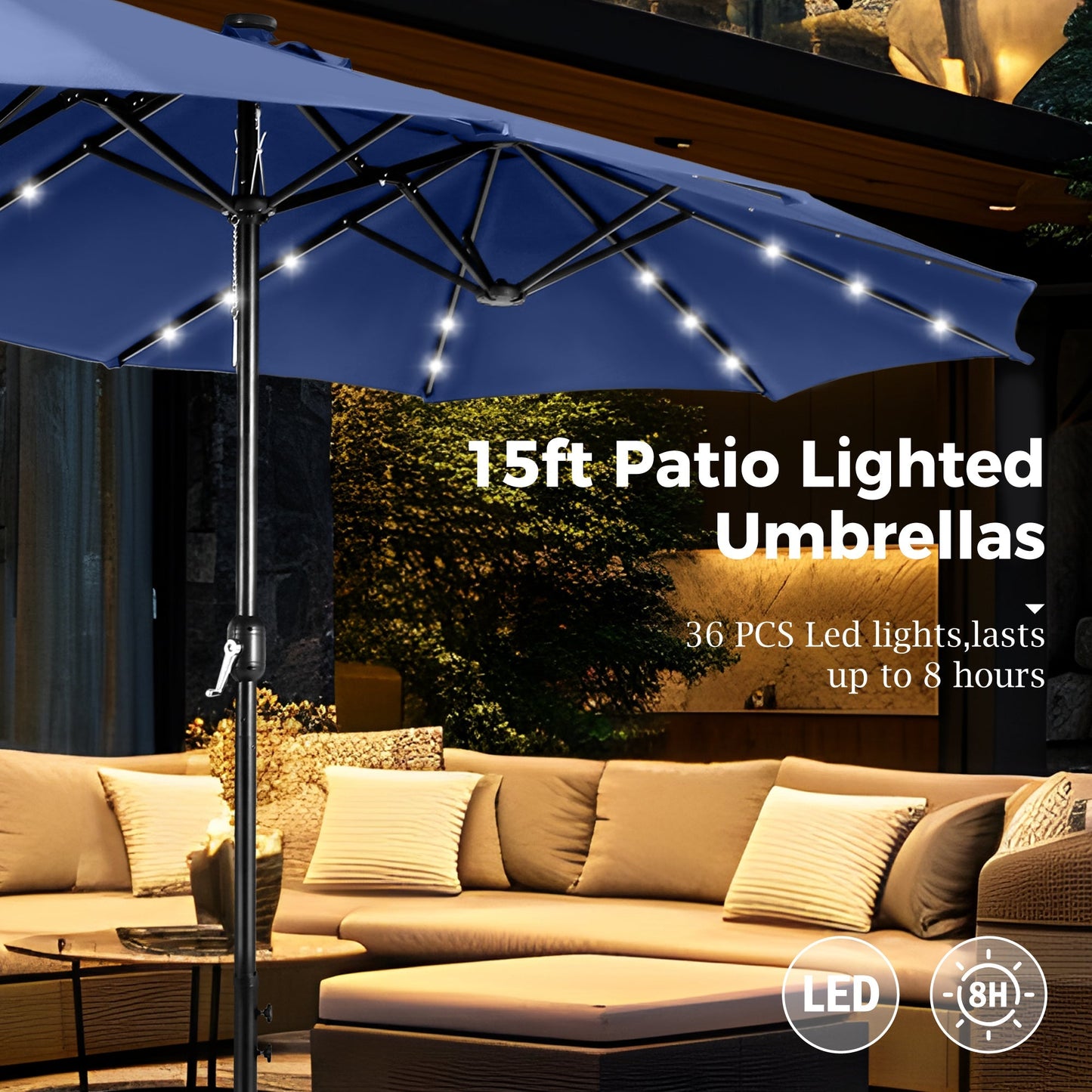 Alpha Joy 15ft Extra Large Outdoor Patio Double-Sided Umbrella with Solar Lights & Umbrella Base, Haze Blue