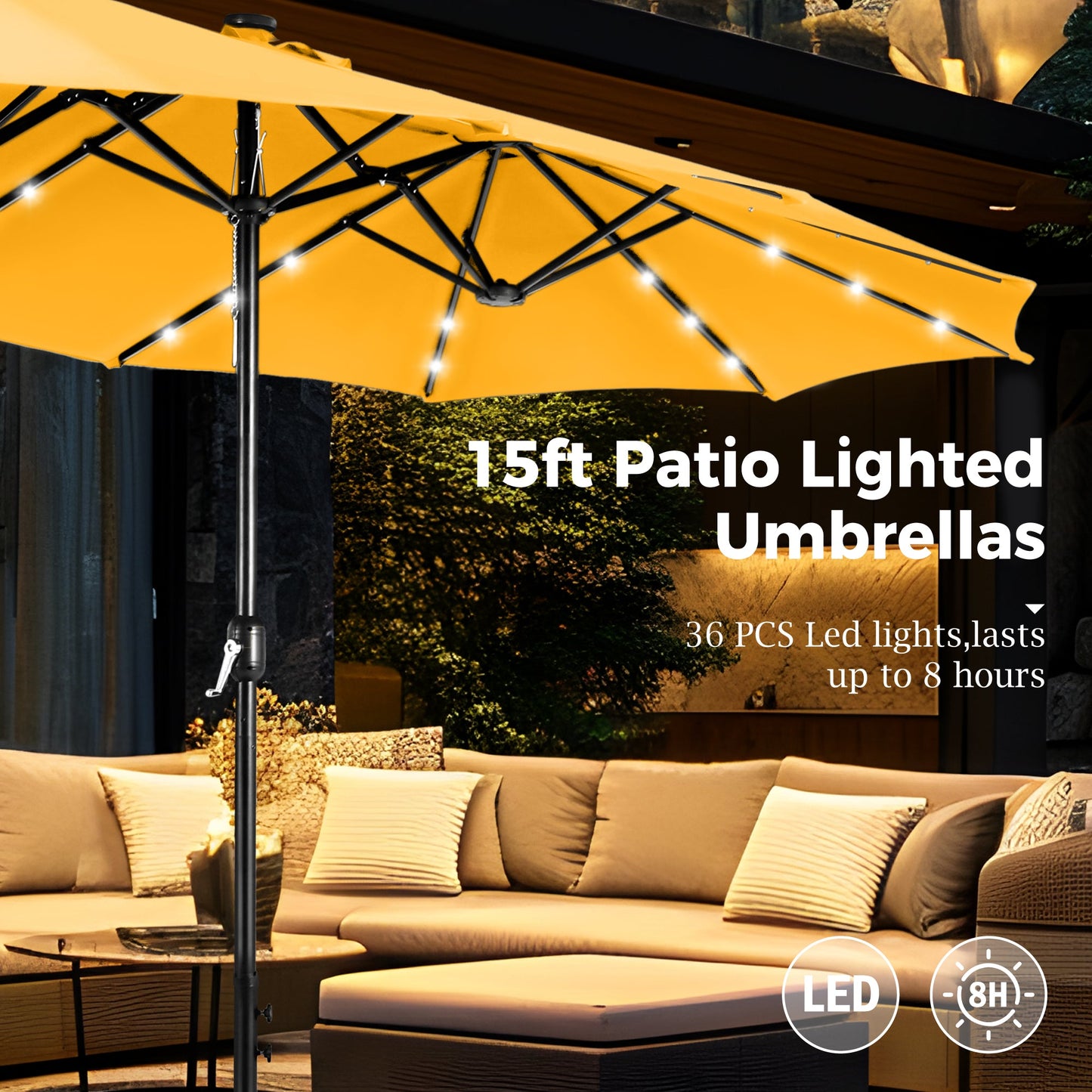 Alpha Joy 15ft Extra Large Outdoor Patio Double-Sided Umbrella with Solar Lights & Umbrella Base, Gold Yellow