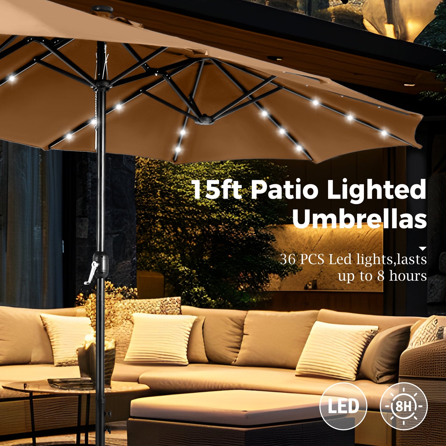 Alpha Joy 15ft Extra Large Outdoor Patio Double-Sided Umbrella with Solar Lights & Umbrella Base, Tawny