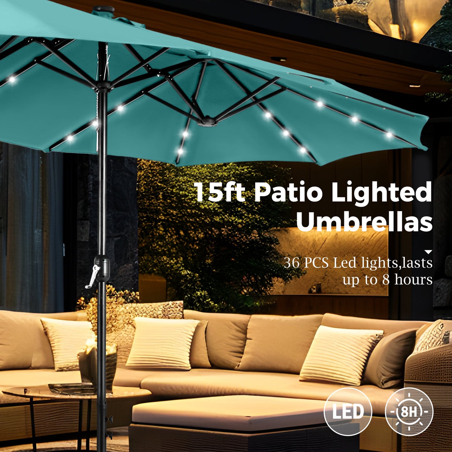 Alpha Joy 15ft Extra Large Outdoor Patio Double-Sided Umbrella with Solar Lights & Umbrella Base, Turquoise