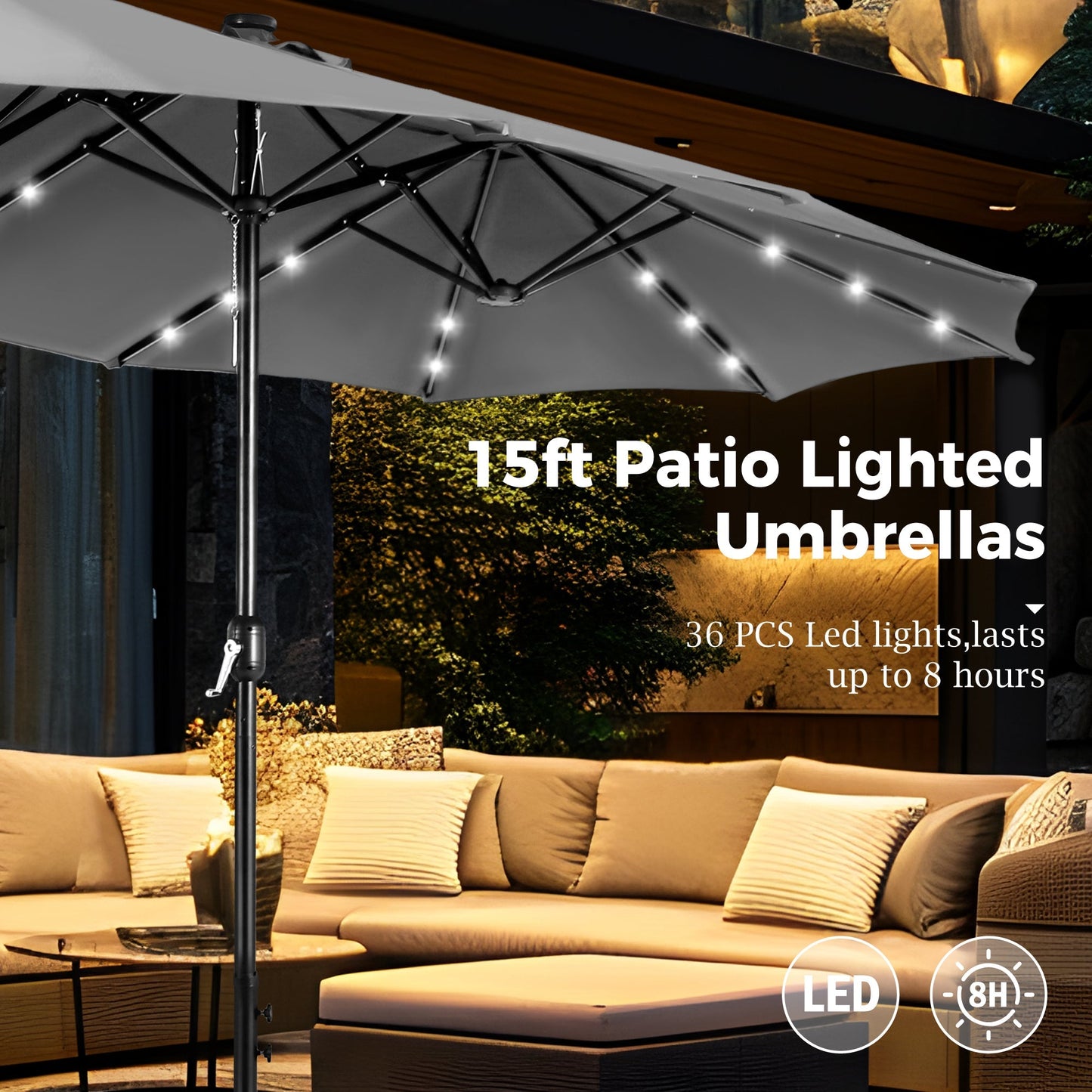 Alpha Joy 15ft Extra Large Outdoor Patio Double-Sided Umbrella with Solar Lights & Umbrella Base, Light Gray