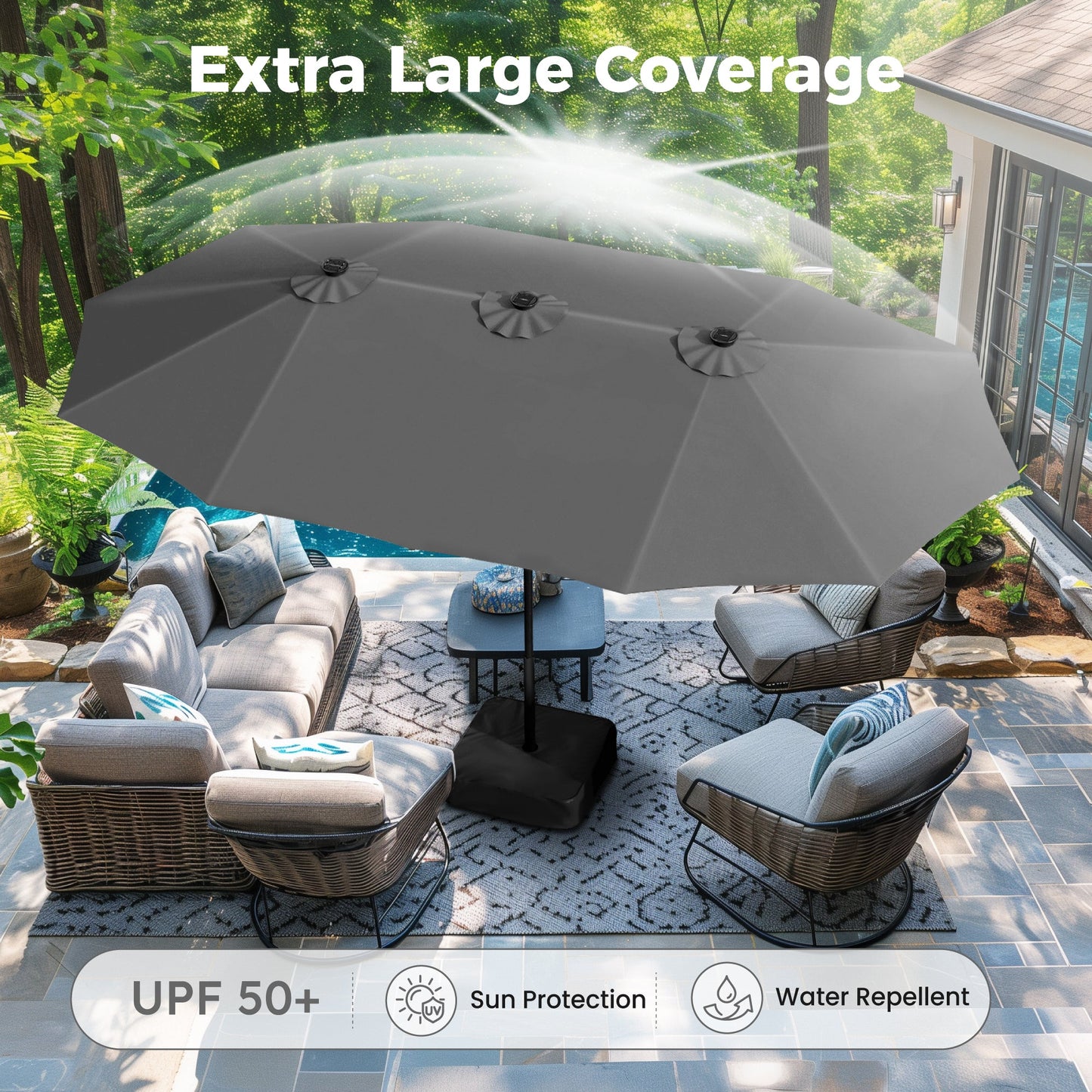 Alpha Joy 15ft Extra Large Outdoor Patio Double-Sided Umbrella with Solar Lights & Umbrella Base, Smoky Gray
