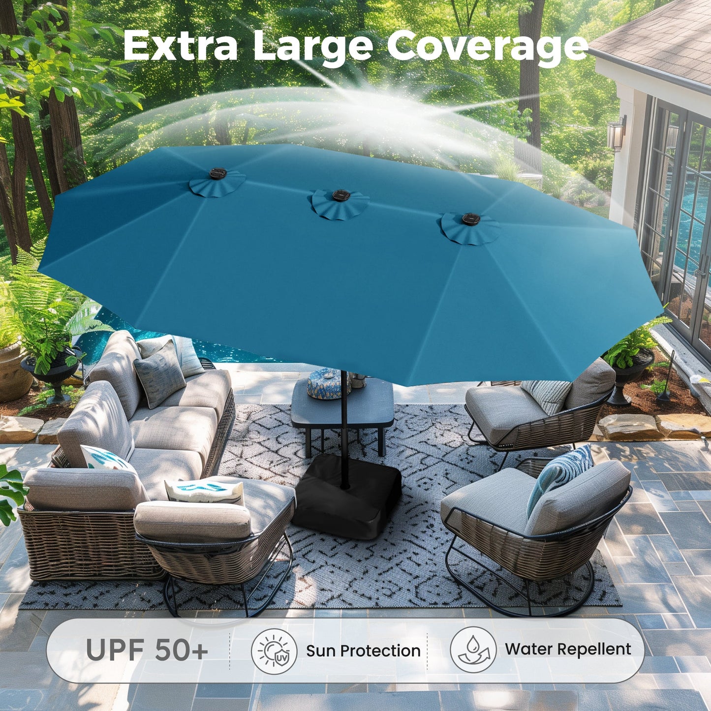 Alpha Joy 15ft Extra Large Outdoor Patio Double-Sided Umbrella with Solar Lights & Umbrella Base, Cerulean