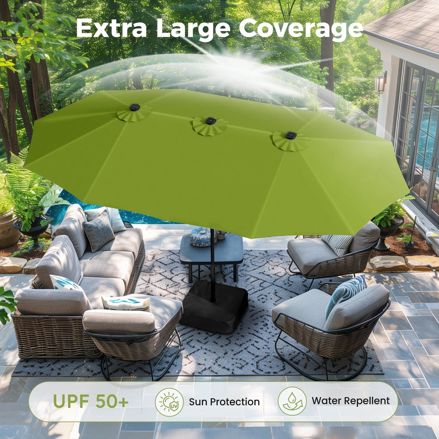 Alpha Joy 15ft Extra Large Outdoor Patio Double-Sided Umbrella with Solar Lights & Umbrella Base, Lime