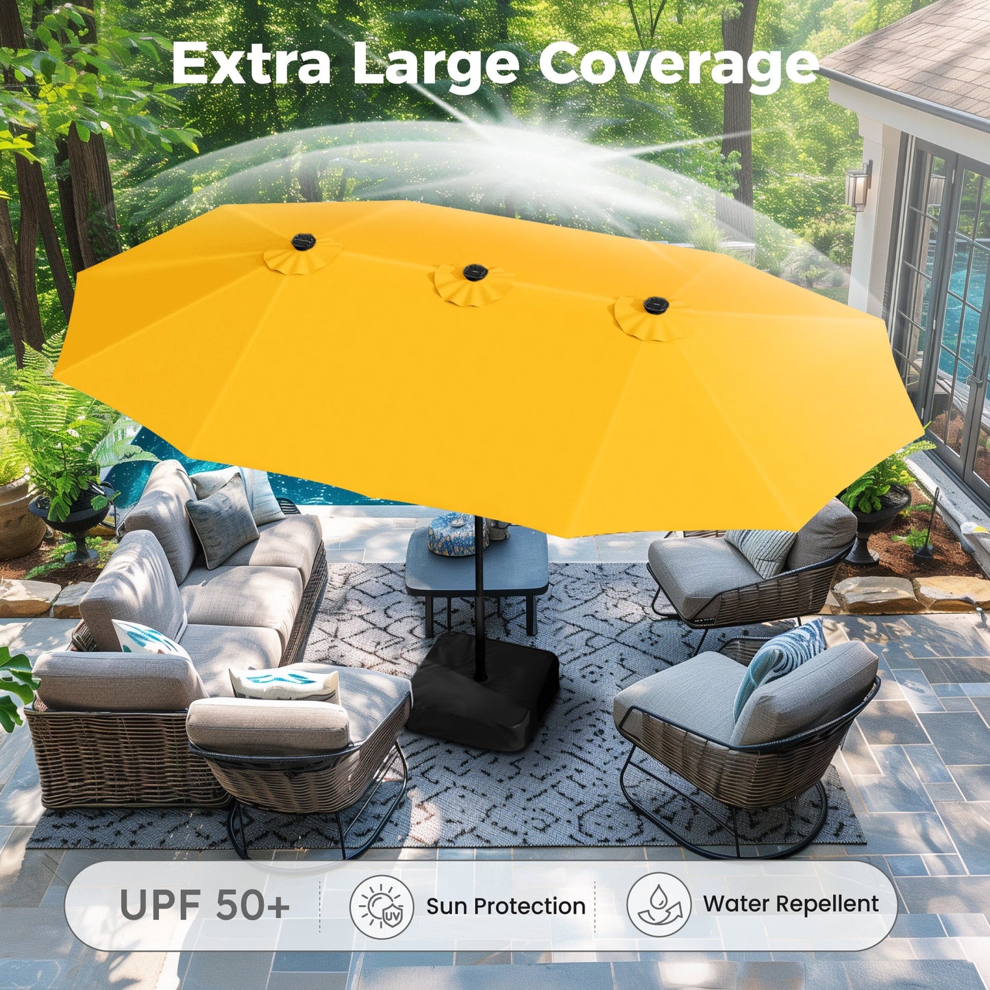 Alpha Joy 15ft Extra Large Outdoor Patio Double-Sided Umbrella with Solar Lights & Umbrella Base, Gold Yellow