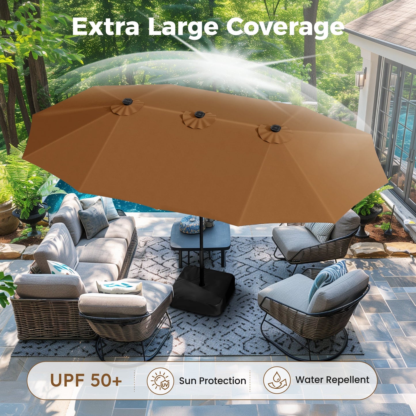 Alpha Joy 15ft Extra Large Outdoor Patio Double-Sided Umbrella with Solar Lights & Umbrella Base, Tawny
