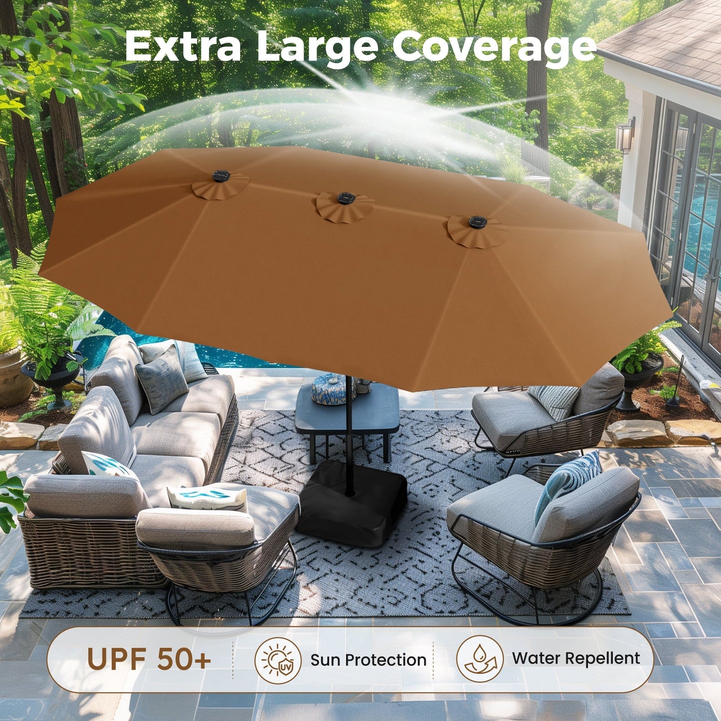 Alpha Joy 15ft Extra Large Outdoor Patio Double-Sided Umbrella with Solar Lights & Umbrella Base, Maillard Brown
