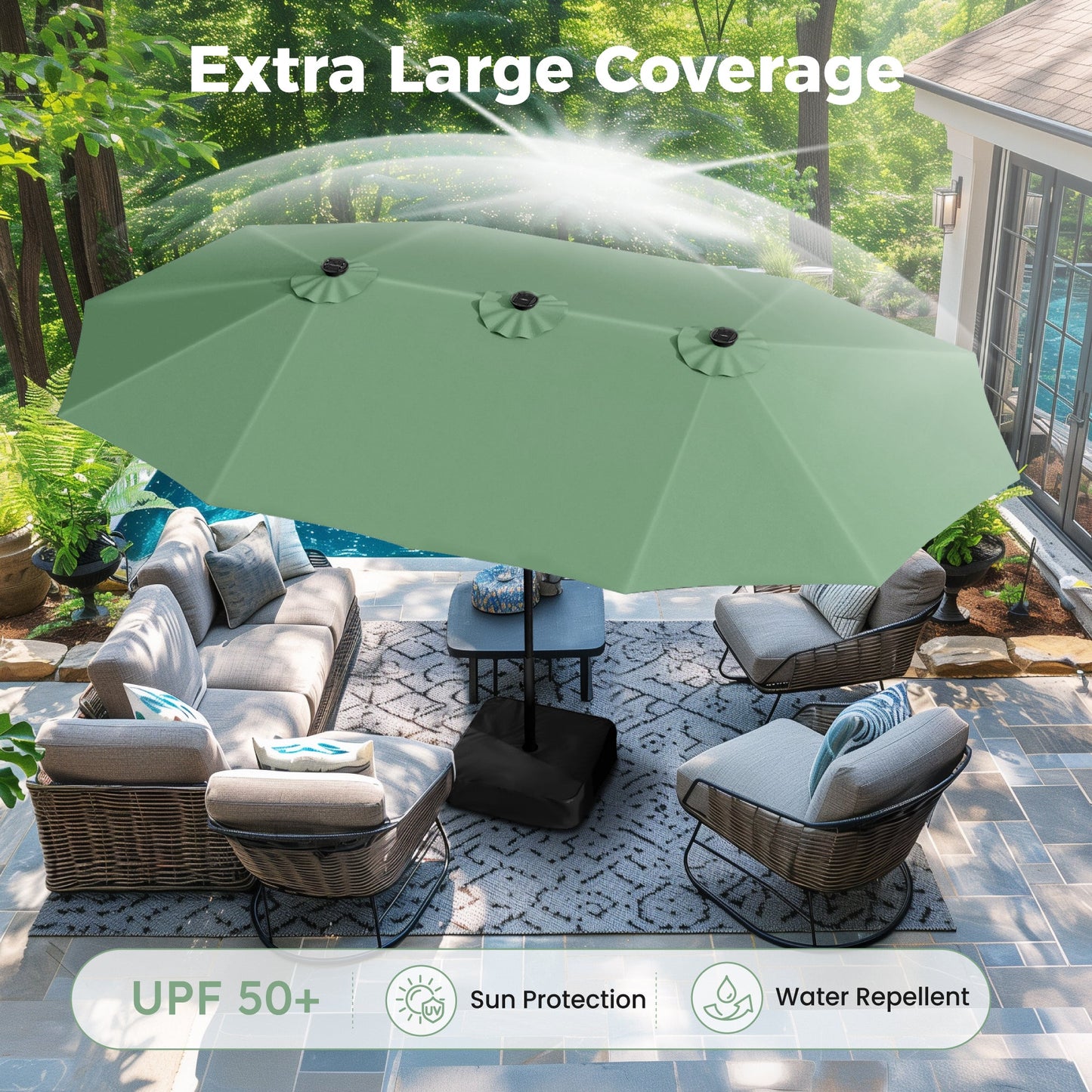Alpha Joy 15ft Extra Large Outdoor Patio Double-Sided Umbrella with Solar Lights & Umbrella Base, Mint
