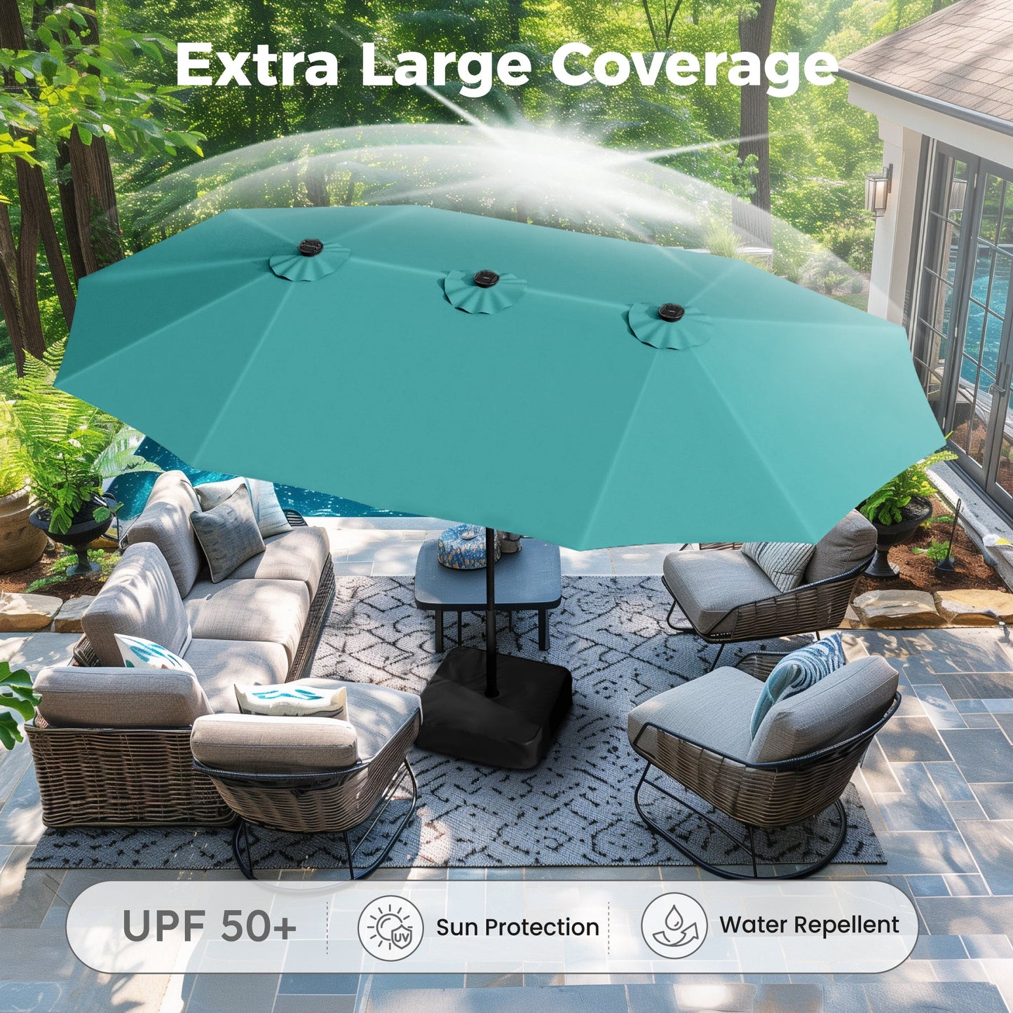 Alpha Joy 15ft Extra Large Outdoor Patio Double-Sided Umbrella with Solar Lights & Umbrella Base, Turquoise