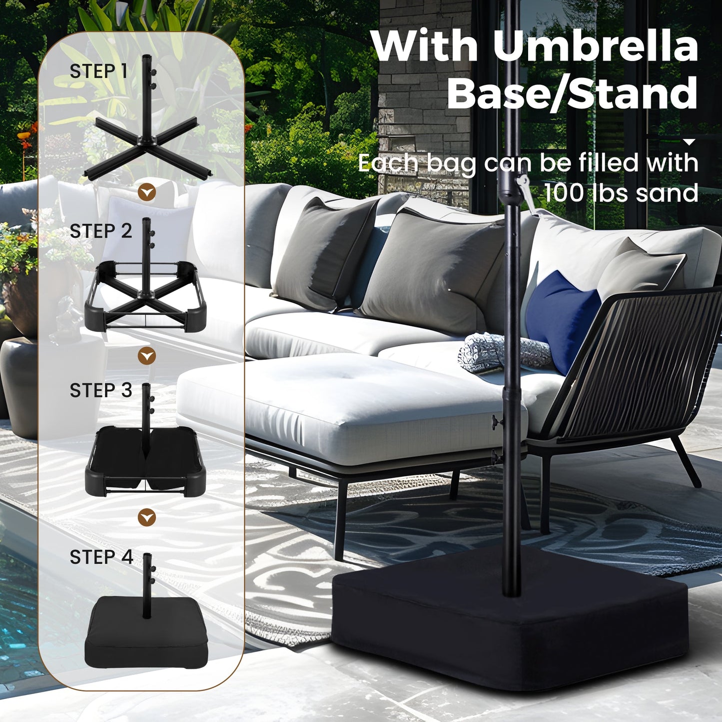 Alpha Joy 15ft Extra Large Outdoor Patio Double-Sided Umbrella with Solar Lights & Umbrella Base, Tawny