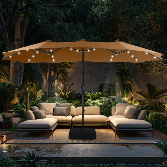 Alpha Joy 15ft Extra Large Outdoor Patio Double-Sided Umbrella with Solar Lights & Umbrella Base, Tawny