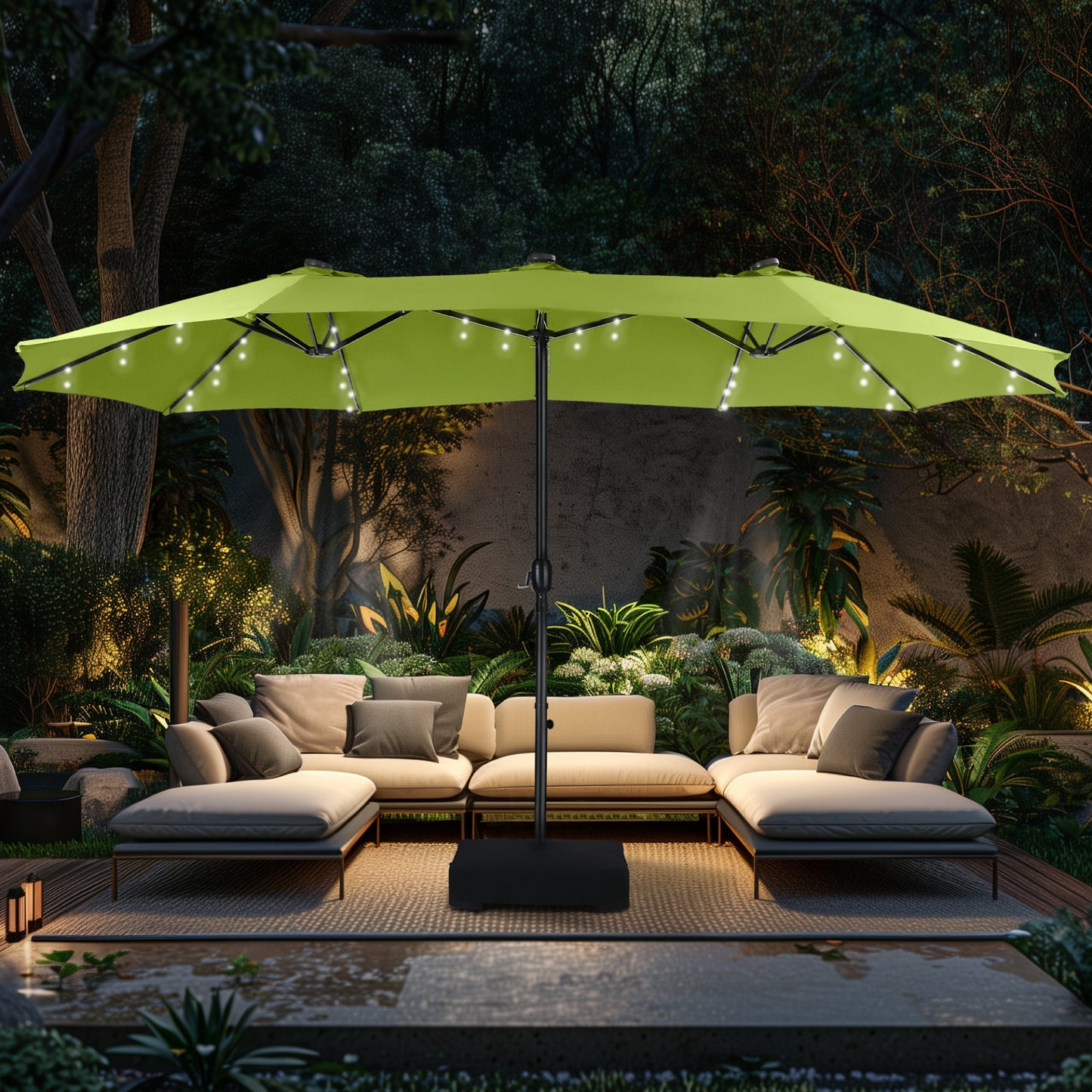 Alpha Joy 15ft Extra Large Outdoor Patio Double-Sided Umbrella with Solar Lights & Umbrella Base, Lime