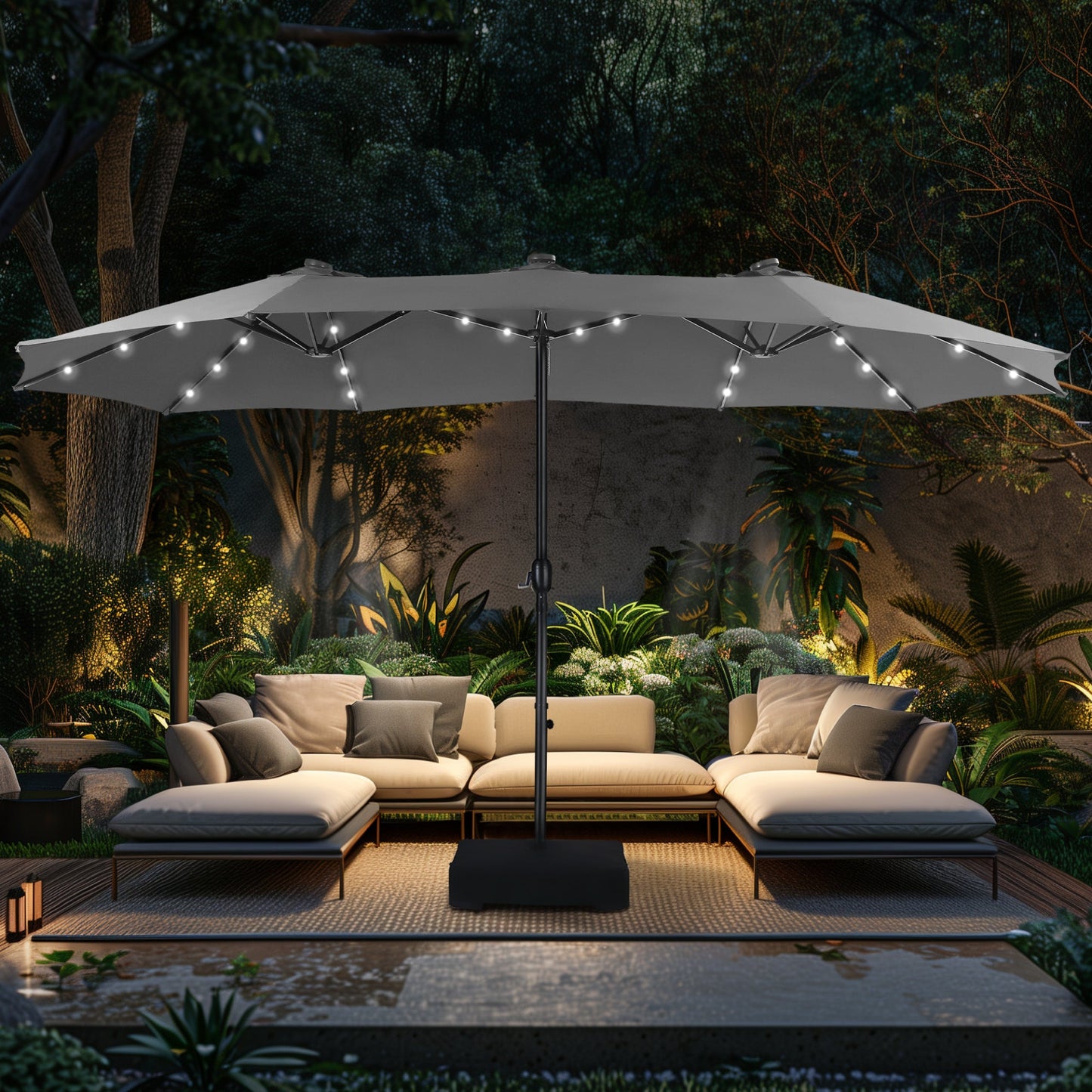 Alpha Joy 15ft Extra Large Outdoor Patio Double-Sided Umbrella with Solar Lights & Umbrella Base, Smoky Gray