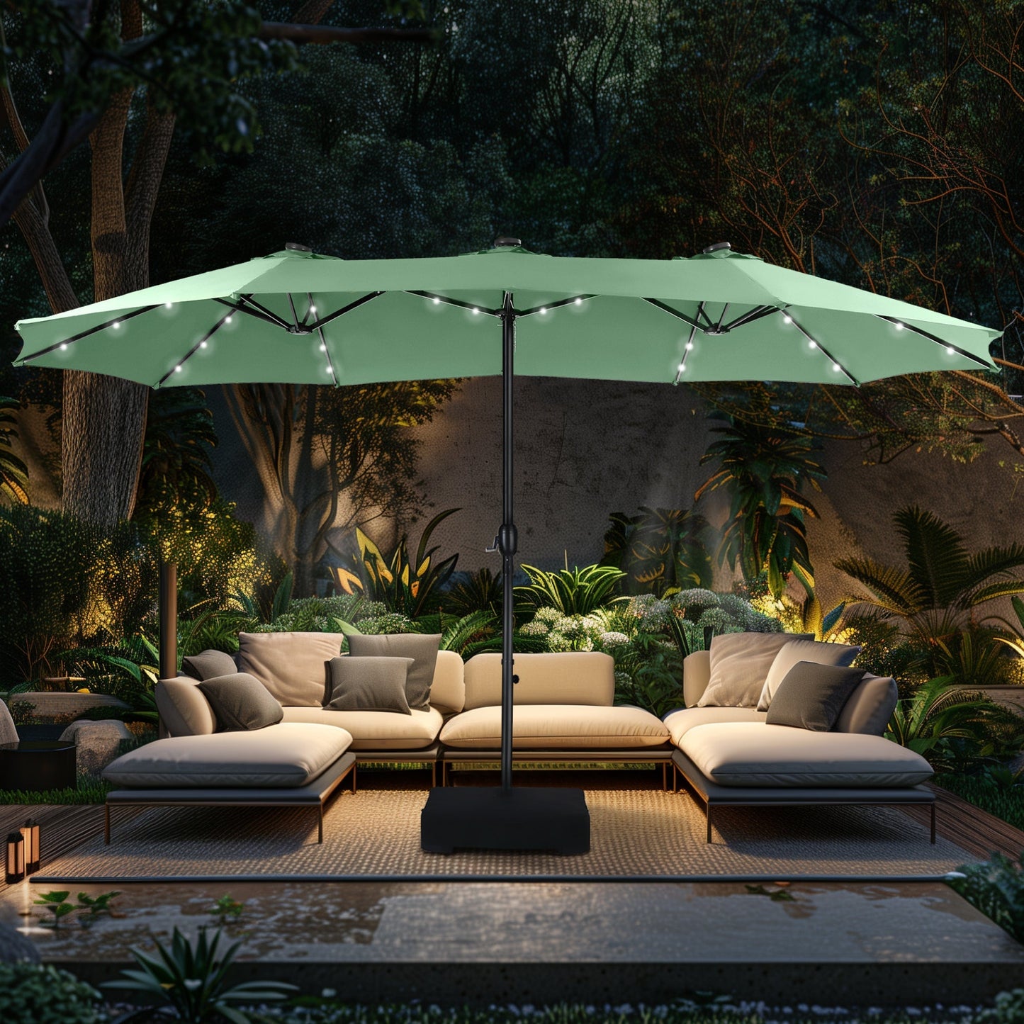 Alpha Joy 15ft Extra Large Outdoor Patio Double-Sided Umbrella with Solar Lights & Umbrella Base, Mint Green