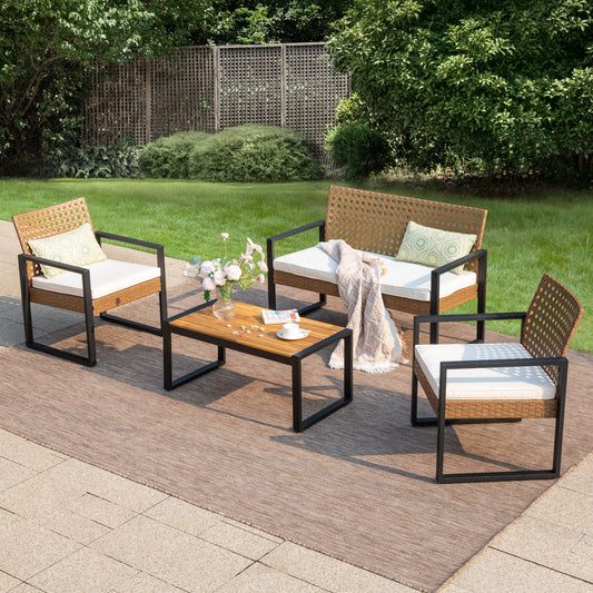 Alpha Joy 4 Piece Wicker Outdoor Patio Conversation Set with Bullseye Floral Motif, Brown & Beige