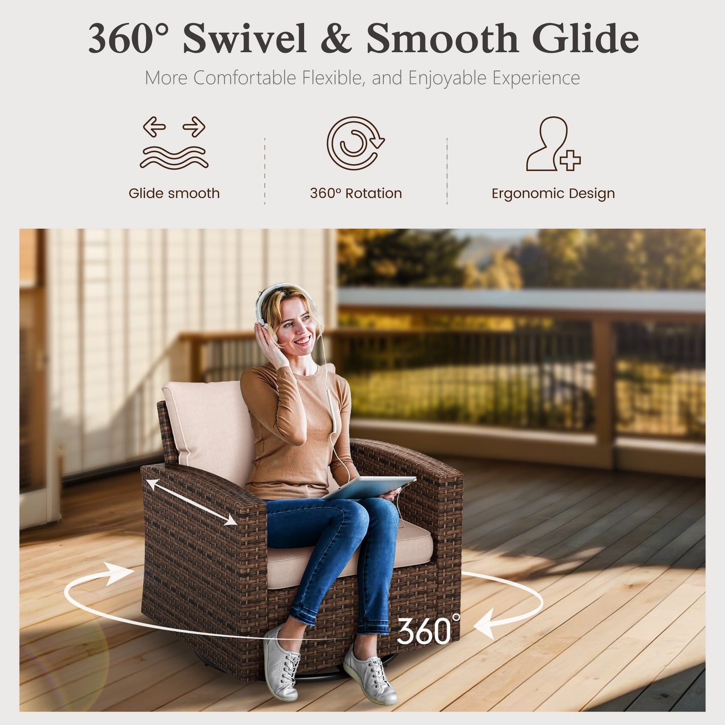 Sophia & William 7 Pieces Wicker Patio Furniture Set with 4 Swivel Chairs 9-Seat Outdoor Conversation Set, Beige