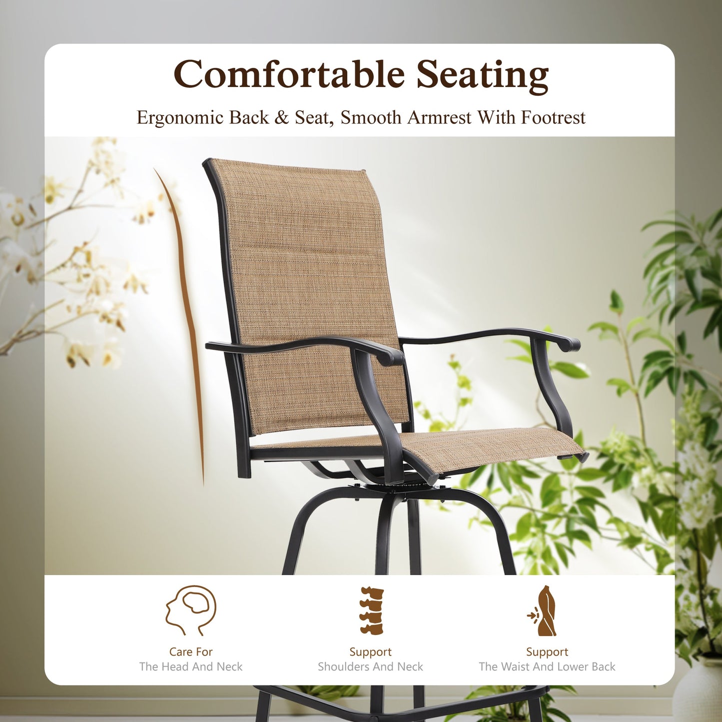 Sophia & William 3PCS Patio Outdoor Bar Set Padded Txtilene Bar Height Swivel Stools & Table Furniture Bistro Set, Brown