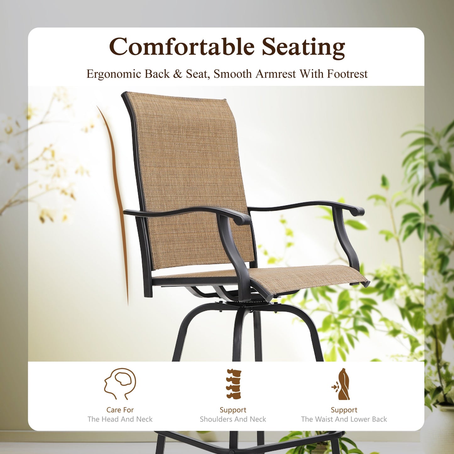 Sophia & William 3PCS Patio Outdoor Bar Set Txtilene Bar Height Swivel Stools & Table Furniture Bistro Set, Brown