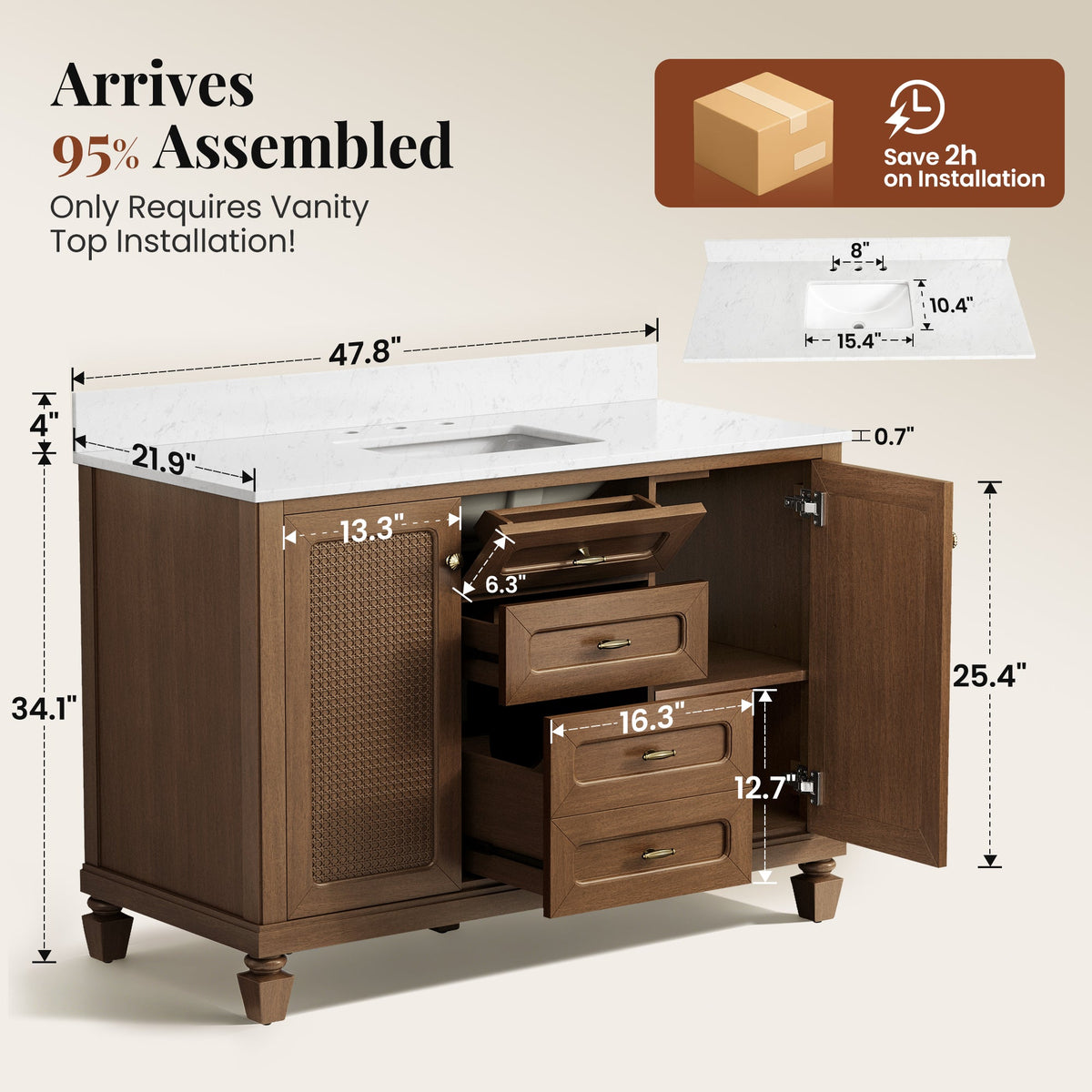 Sophia & William 48" Bathroom Vanity with Sink Freestanding Wood Bathroom Cabinet Vanity with 2 Doors of Adjustable Shlves, 1 Tip-out Drawers, 2 Pull-out Drawers and 1 Elevated Drawer, Hickory
