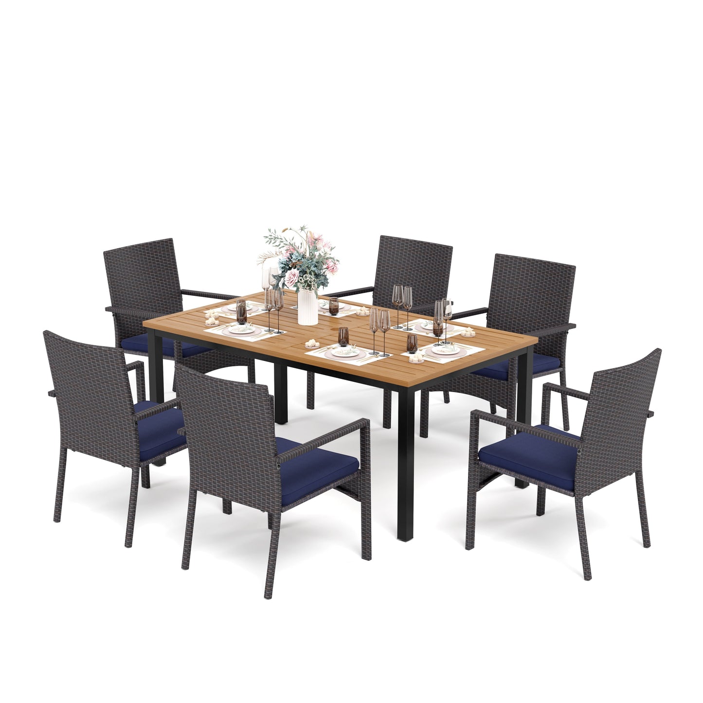 Sophia & William 7-Piece Outdoor Patio Dining Set Rattan Cushioned Chairs and Teak-grain Table Set