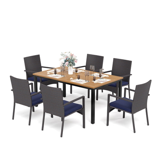 Sophia & William 7-Piece Outdoor Patio Dining Set Rattan Cushioned Chairs and Teak-grain Table Set