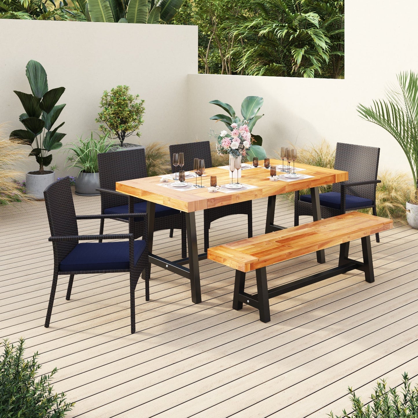 Sophia&William 6-Piece Outdoor Patio Dining Set Wicker Rattan Chairs and Bench Table Set