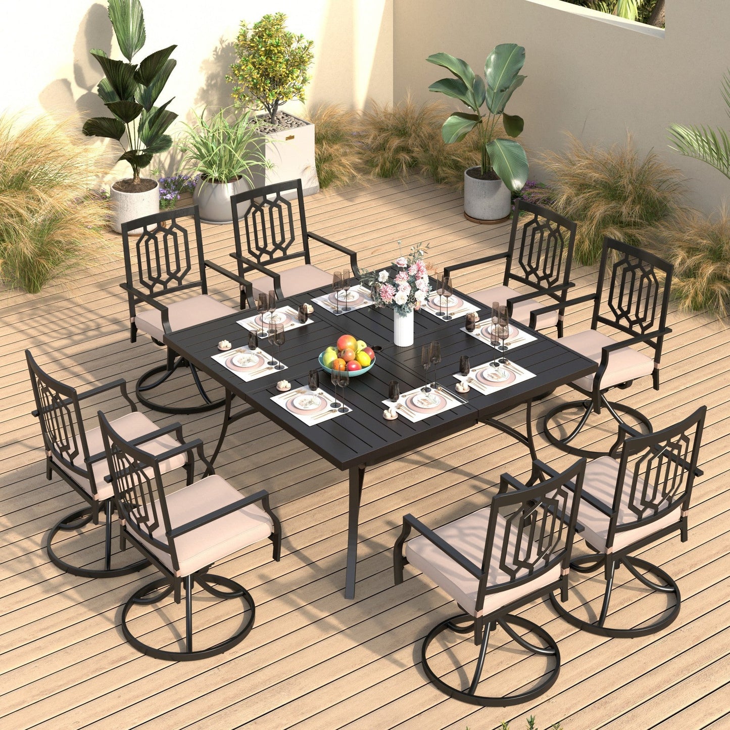 Sophia & William 9 Piece Outdoor Metal Patio Dining Set 60" Square Table and Cushioned Swivel Chairs Furniture Set