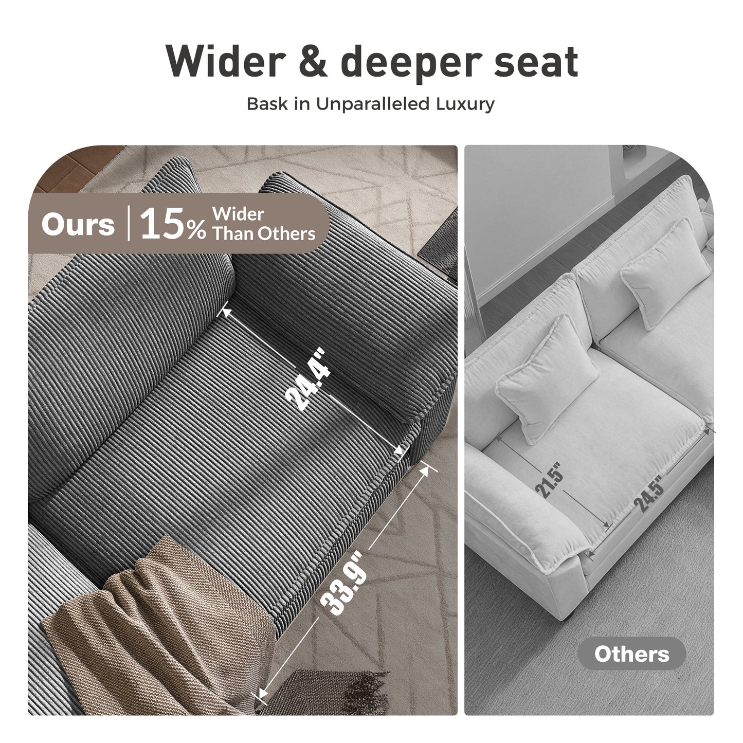 Sophia&William 3-Seat Modular Sectional Sofa Sets, Modern Corduroy Couch Cloud Sofa with Throw Pillows for Living Room,Gray