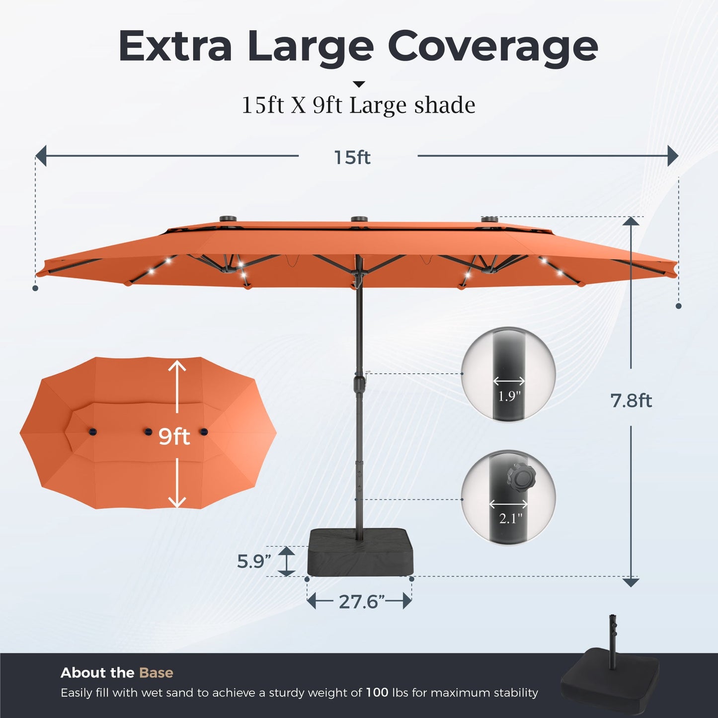Alpha Joy 15ft Extra Large Outdoor Patio Umbrella Double-Sided Ventilation Umbrella with Led Lights & Umbrella Base, Orange Red