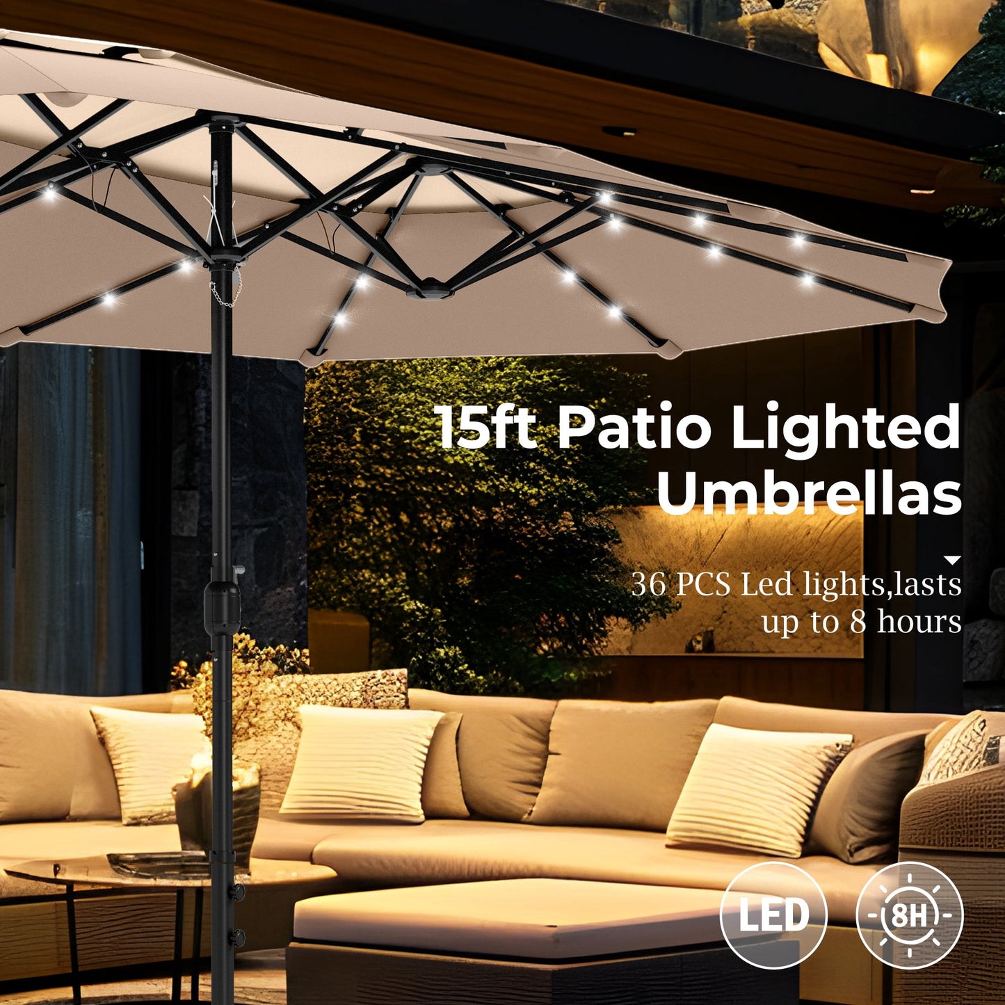 Alpha Joy 15ft Dual-Layer Extra Large Outdoor Patio Umbrella Double-Sided Ventilation Umbrella with Led Lights & Umbrella Base, Beige Patchwork
