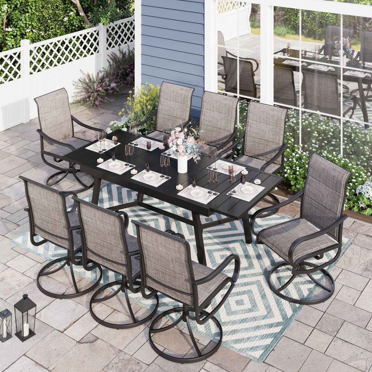 Sophia & William 9 Pieces Metal Outdoor Patio Dining Set with Gray Padded Textilene Swivel Chairs and Black Extendable Table