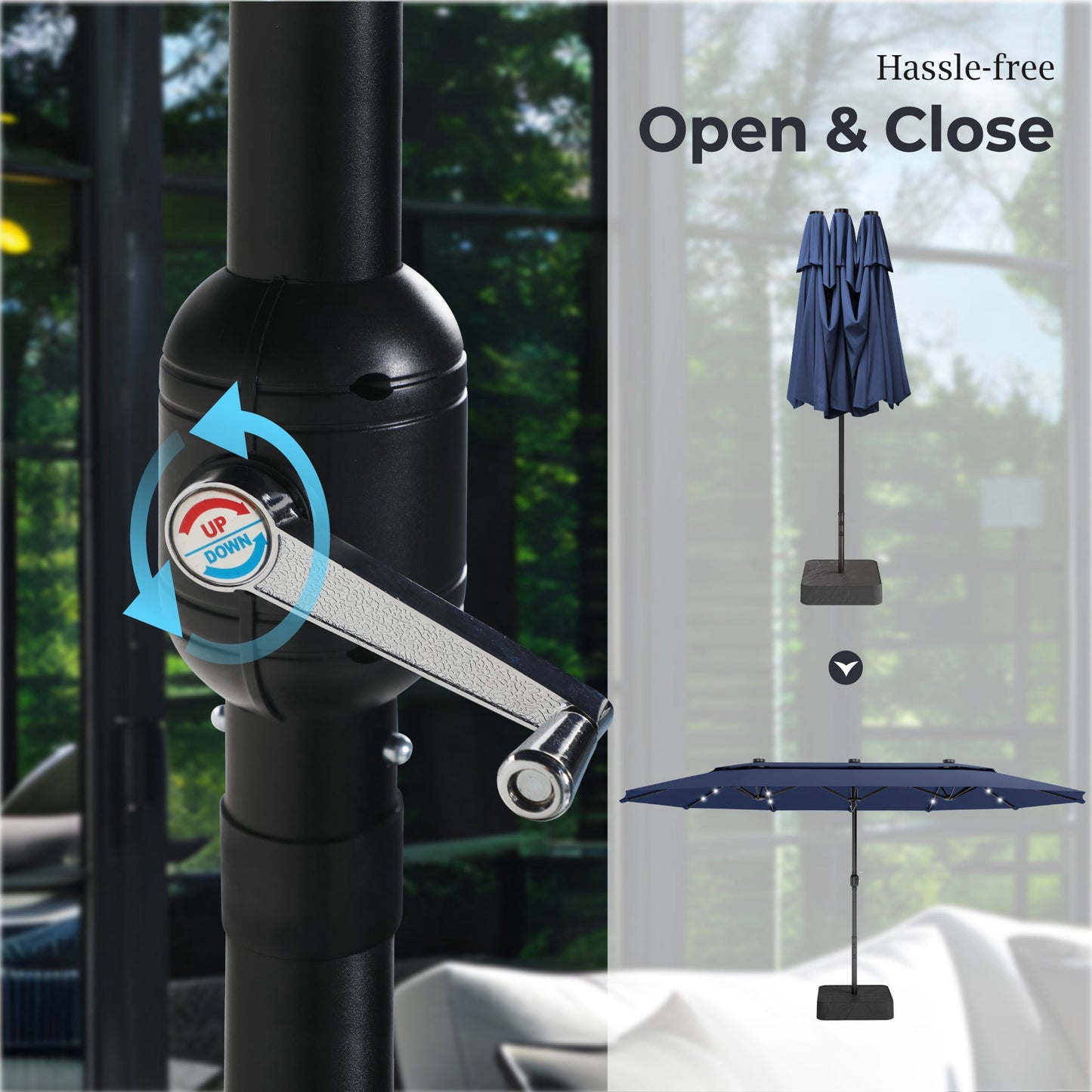 Alpha Joy 15ft Extra Large Outdoor Patio Umbrella Double-Sided Ventilation Umbrella with Led Lights & Umbrella Base, Navy Blue