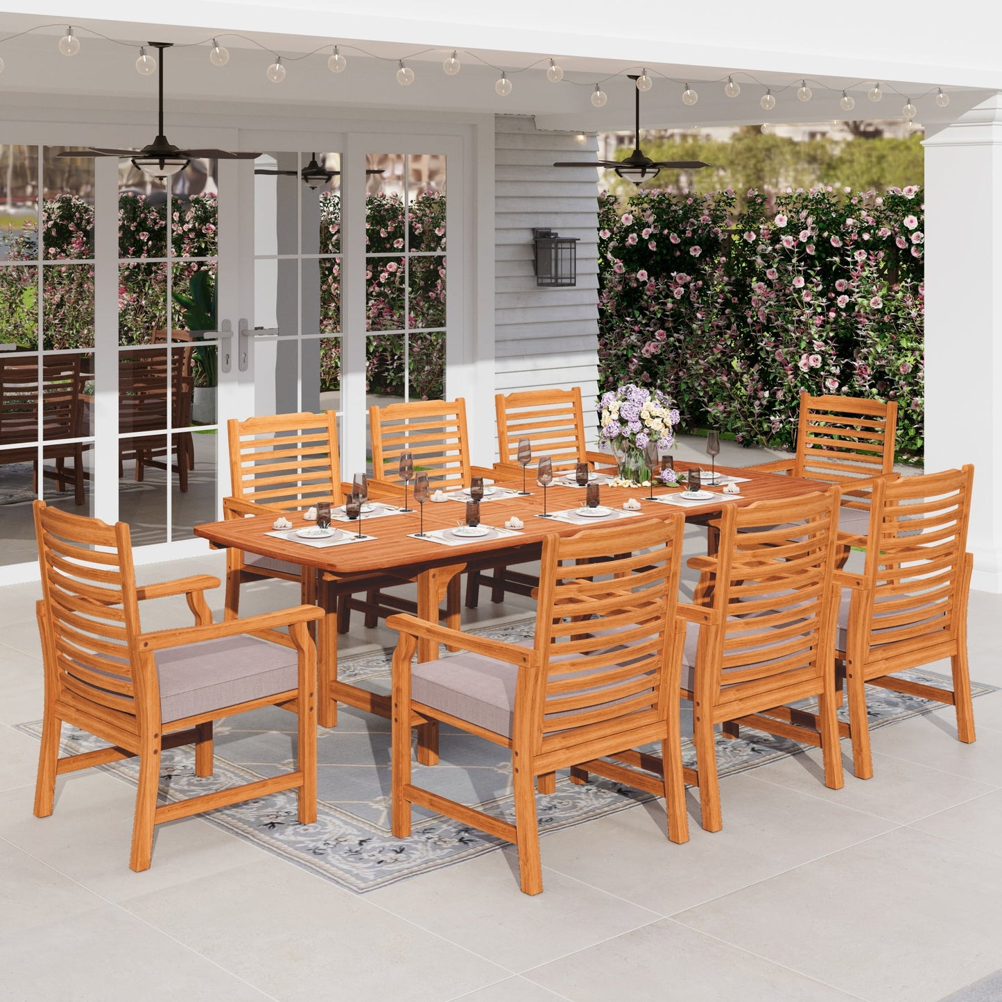 Sophia & William 9 Pieces Patio Dining Set Acacia Wood Outdoor Furniture Set Expandable Table and Natural Wood Chairs with Cushions for Lawn, Garden, Backyard