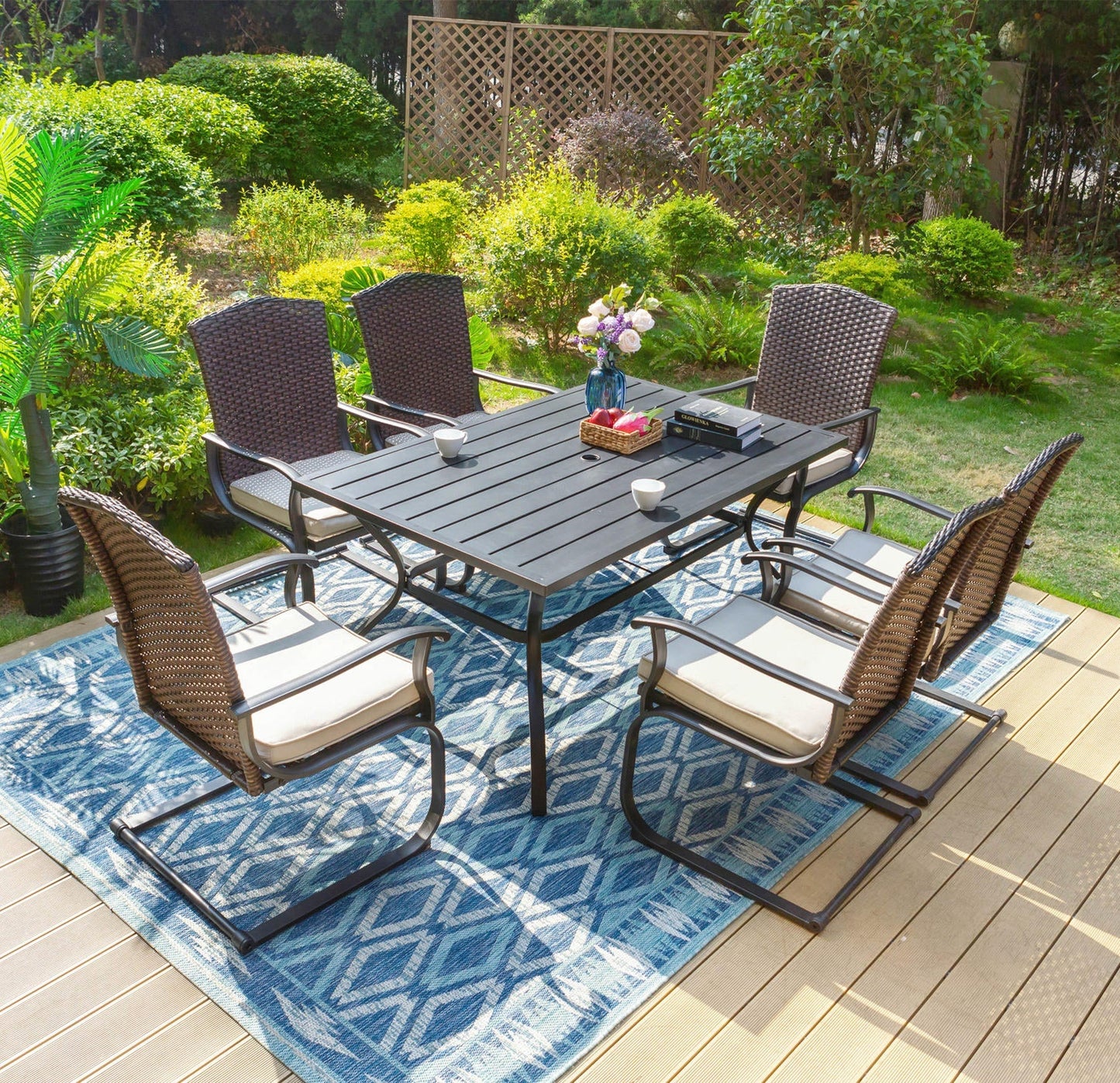 Sophia & William 7 Pieces Patio Dining Set Wicker Chairs & Umbrella Table