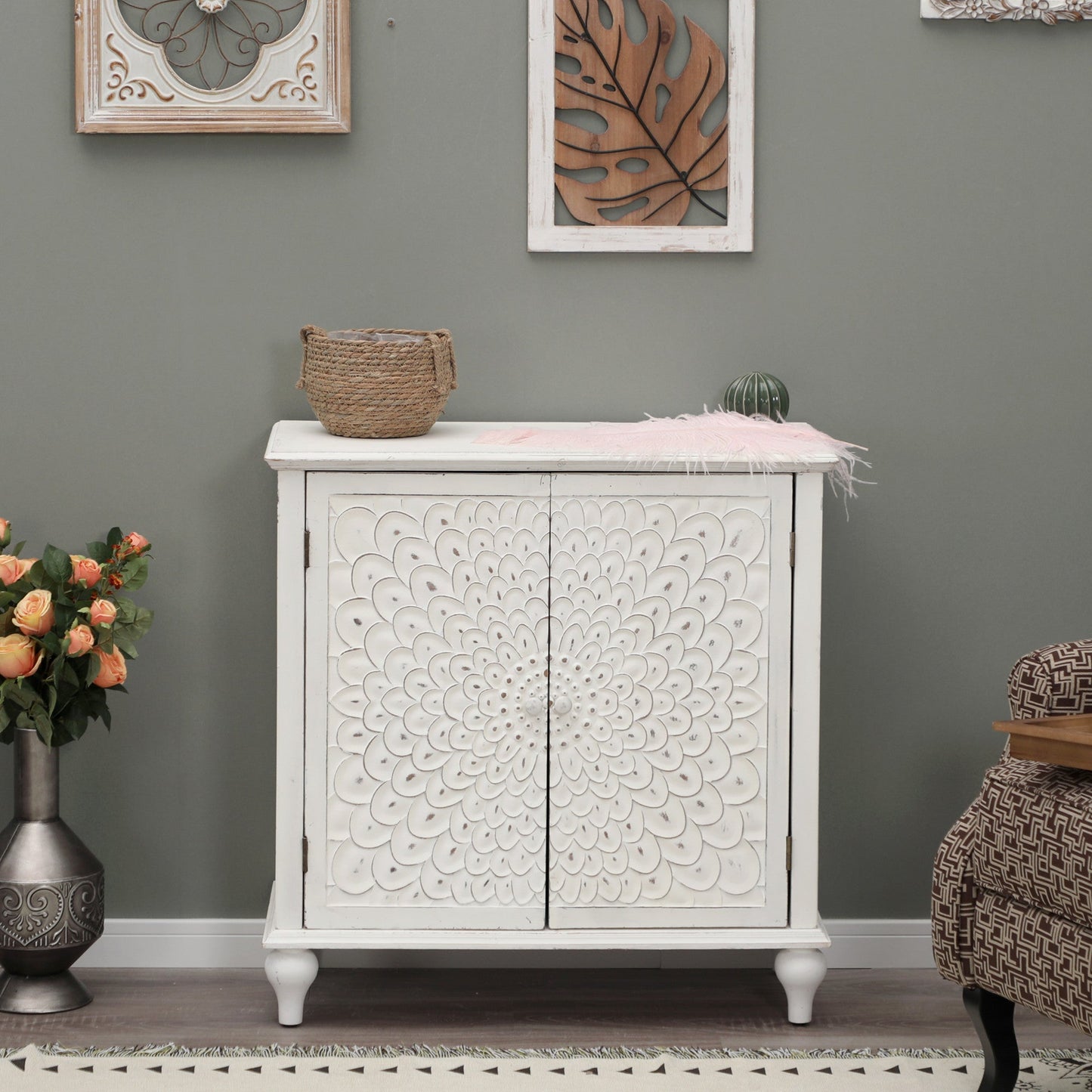 Sophia & William 33" Carved Finch Feather Storage Cabinet with Doors, White